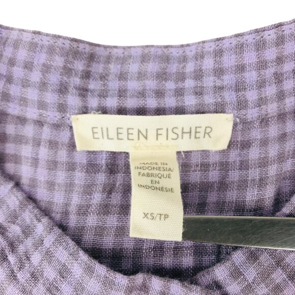 Eileen Fisher Gingham Organic Linen Mandarin Collar Shirt Dress Purple Lagenlook - Picture 4 of 9